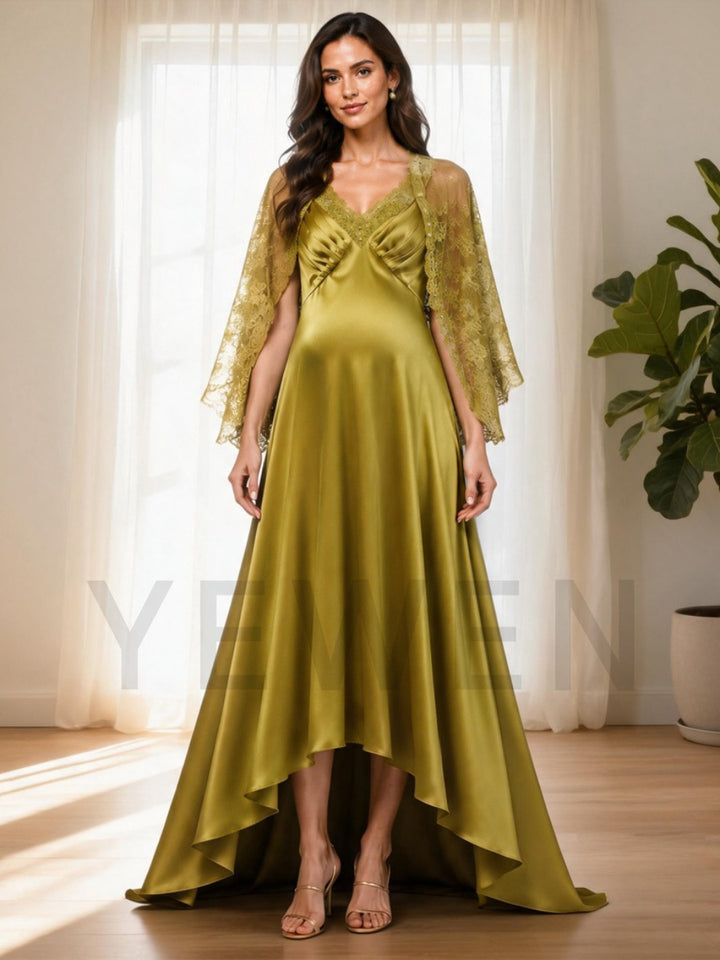 Olive V-Neck A-Line Maternity Baby Shower Dress with Sheer Lace Cape L-26921