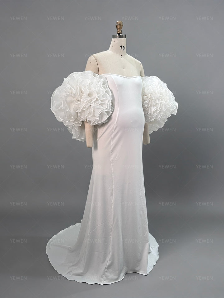 Custom White Mermaid Maternity Dress Photoshoot Lush Organza Flower Cape Elegance Babyshower Dress Pregnancy Outfit YW260252