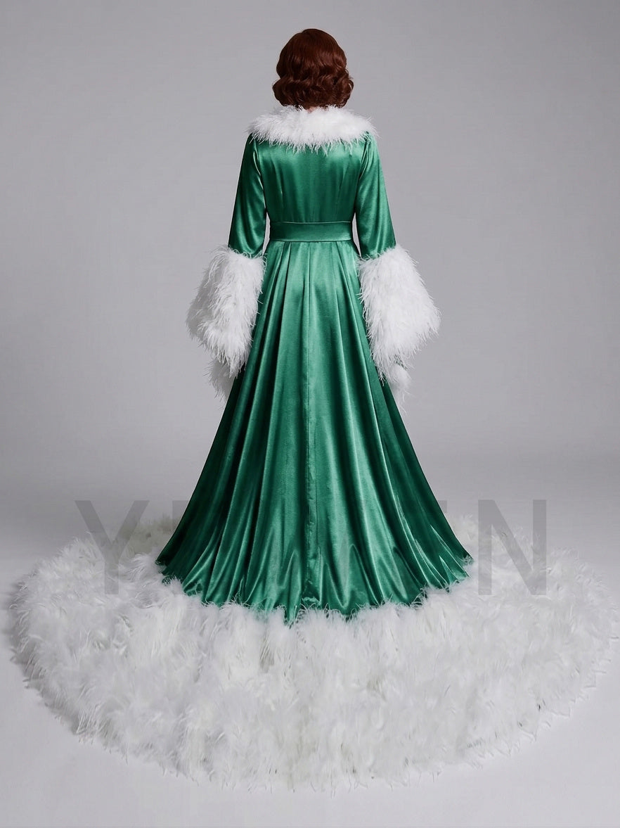 Velvet Ostrich Feather Christmas Robe Long Sleeve Open Front YW243135