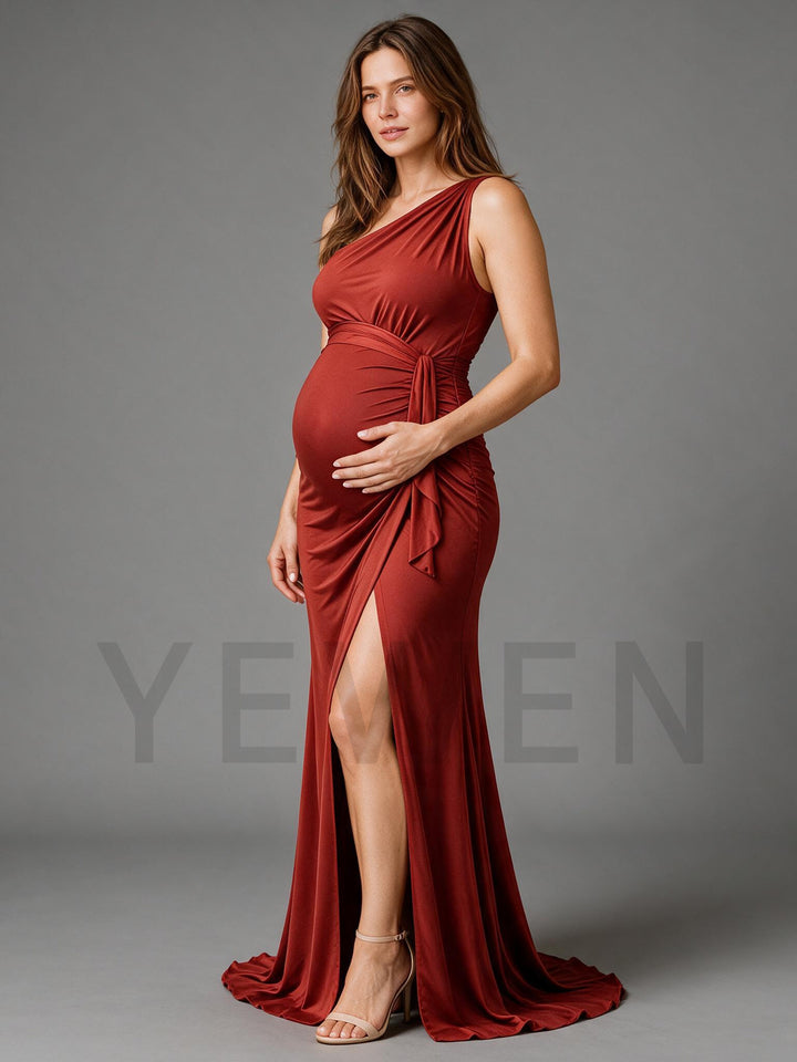 Rust Red One Shoulder Maternity Gown High Slit Flowy Baby Shower Photoshoot Dress