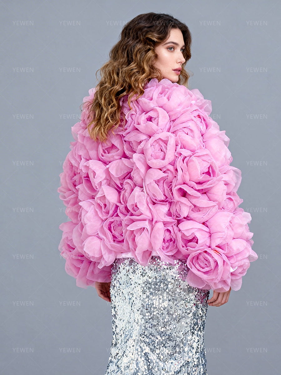 Custom Made Pink Bridal Organza Jacket with Handmade Flowers
