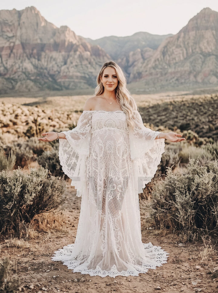 Ivory Off-Shoulder Bell Sleeve Boho Maternity Photoshoot Dress YD260840