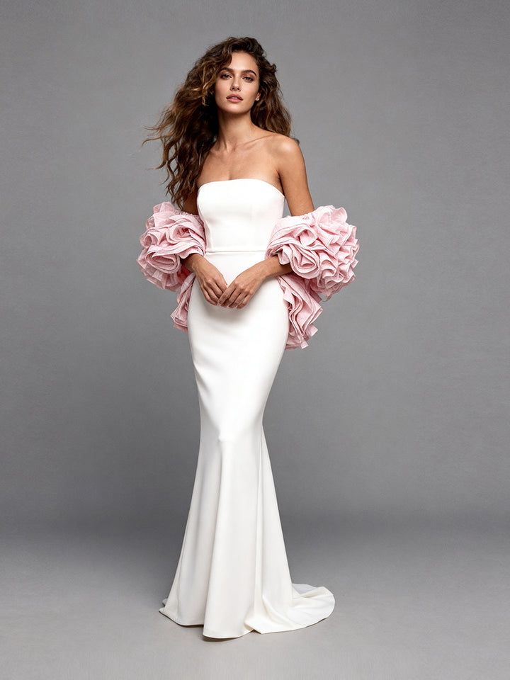 Formal Evening Gowns White Strapless A-Line Prom Dress with 3D Flwoer Bridal Cape Elegant Party Dresses