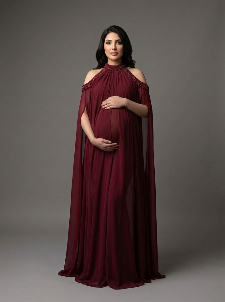 Rhinestone Cold Shoulder Cape Maternity Baby Shower Dress YD261008