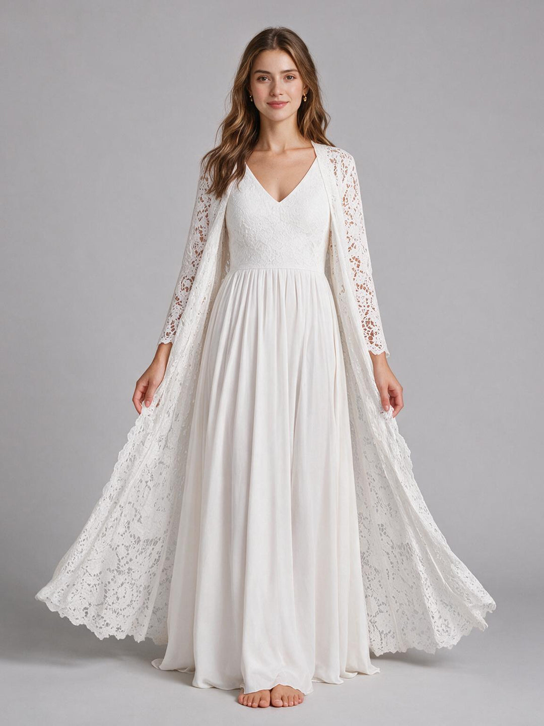 Ivory V-Neck High Waist Chiffon Boho Wedding Dress with Lace Duster
