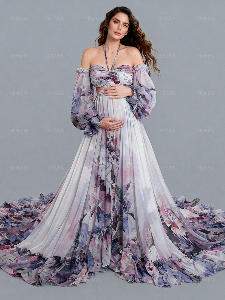 Bohemian Printed Chiffon Maternity Dress for Photoshoot Pregnancy Dress Photoshoot YW240526