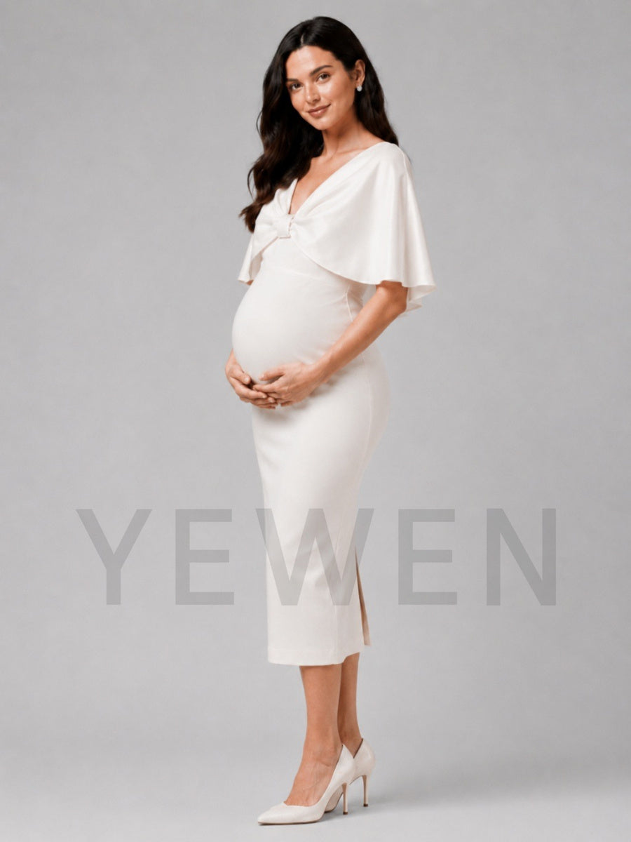 Ivory V-Neck Twist Bodice Flutter Sleeve Maternity Baby Shower Dress L-26928