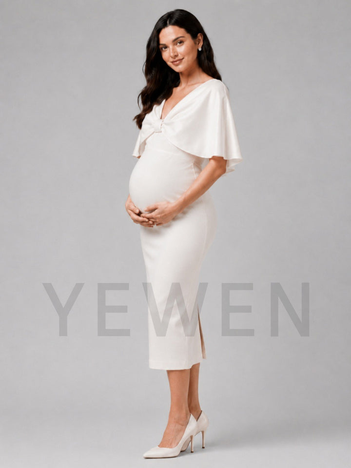 Ivory V-Neck Twist Bodice Flutter Sleeve Maternity Baby Shower Dress L-26928