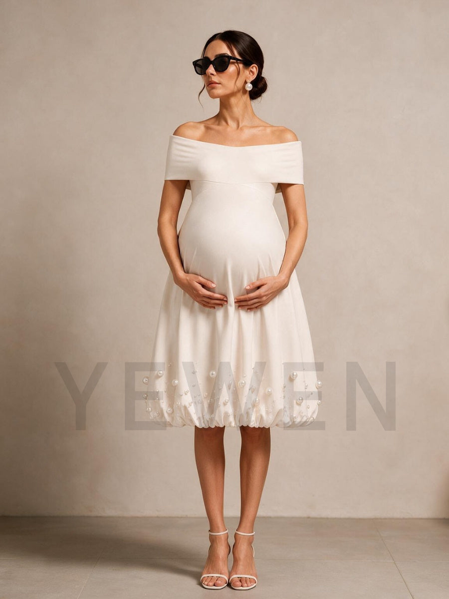 Ivory Off-Shoulder Maternity Baby Shower Dress with Pearl Bubble Skirt L-26927