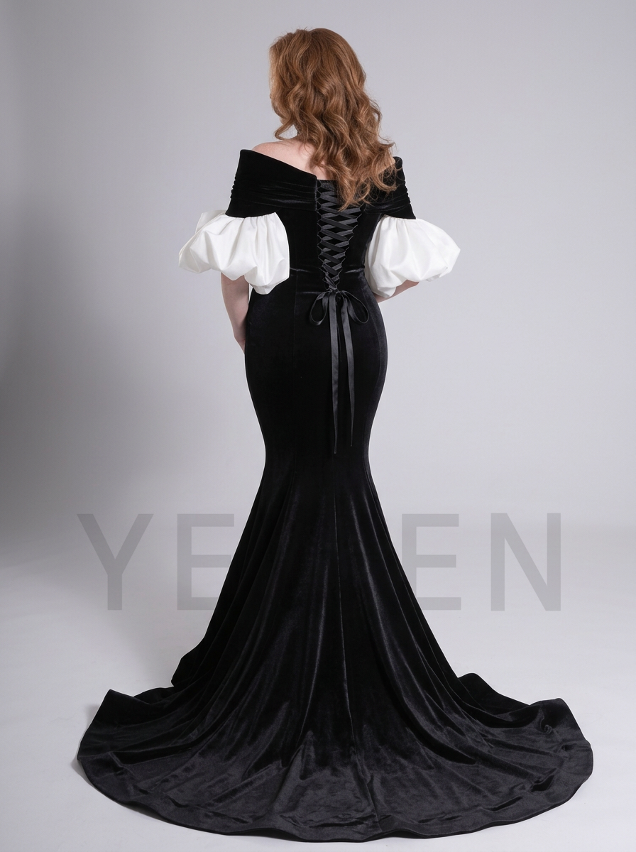 Velvet Off-Shoulder Puff Sleeve Maternity Photoshoot Gown YD260920