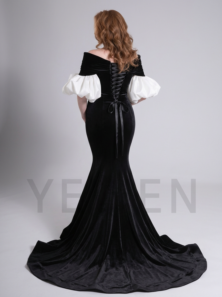 Velvet Off-Shoulder Puff Sleeve Maternity Photoshoot Gown YD260920