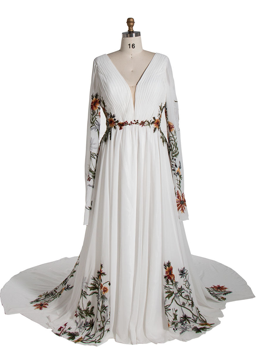 colorful embroidered wedding dress Embroidered Wedding Dress Colorful Floral Lace Texture Pleated Crepe Chiffon Wedding Gown YE2532