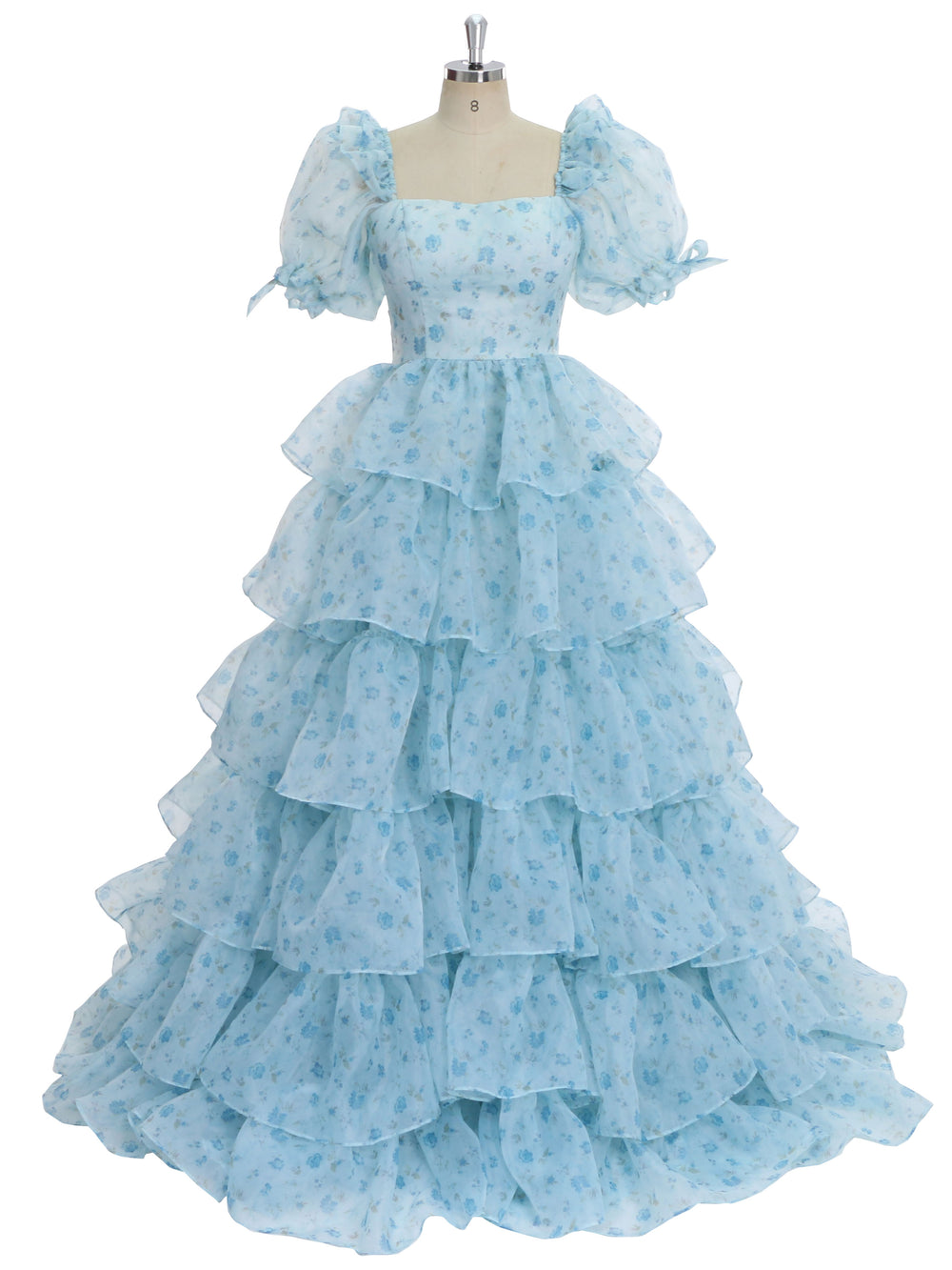 New Blue Printing Layered Ruffles Floral Prom Gown, Photo Shoots Dress Outfits