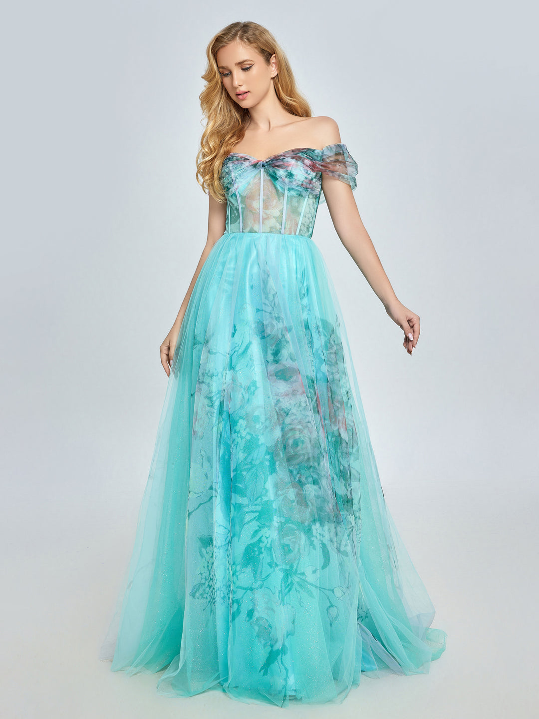 Elegant Aqua Floral Printed Off-Shoulder Prom Dress YE3022 yewendress Elegant Aqua Floral Printed Off-Shoulder Prom Dress YE3022 yewendress