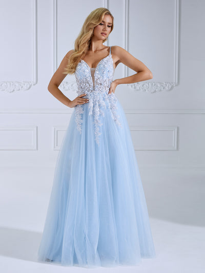 Princess V Neck, Floor Length ,Glittle ,Tulle Prom Dresses With Lace Beads