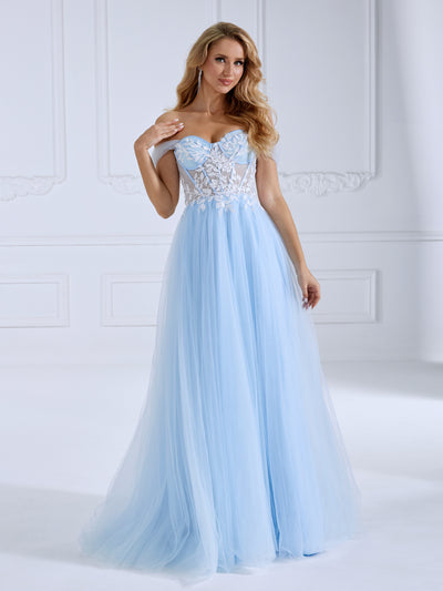 A-Line ,Blue Tulle Prom Dress, Side Leg Split,  Floor-Length, Photo Shoot Dress