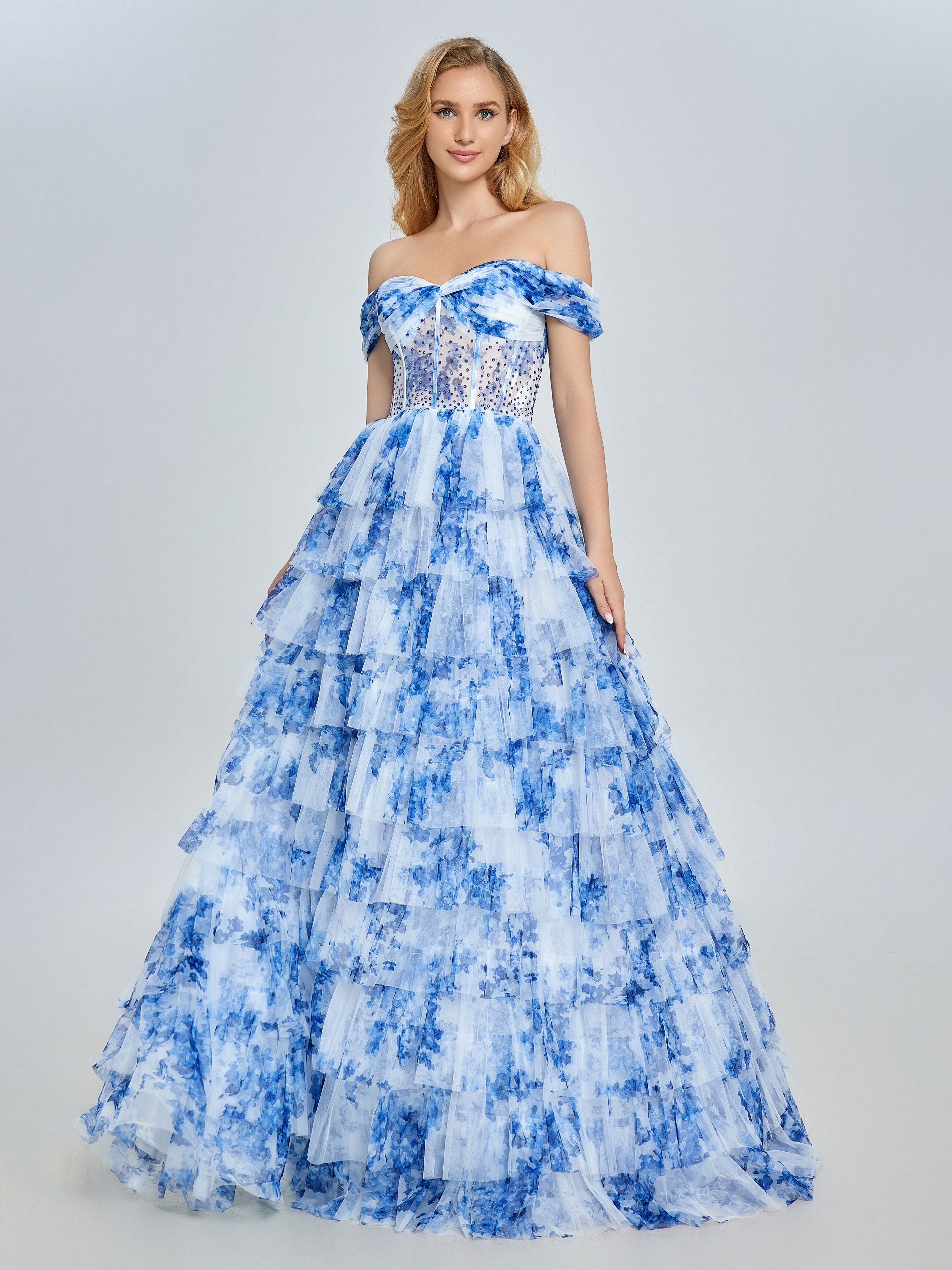 スーツ・フォーマル・ドレス OFF SHOULDER TULLE LAYERED DRESS Off-Shoulder Blue Floral Tulle Gown Layered Prom Dress YE3025