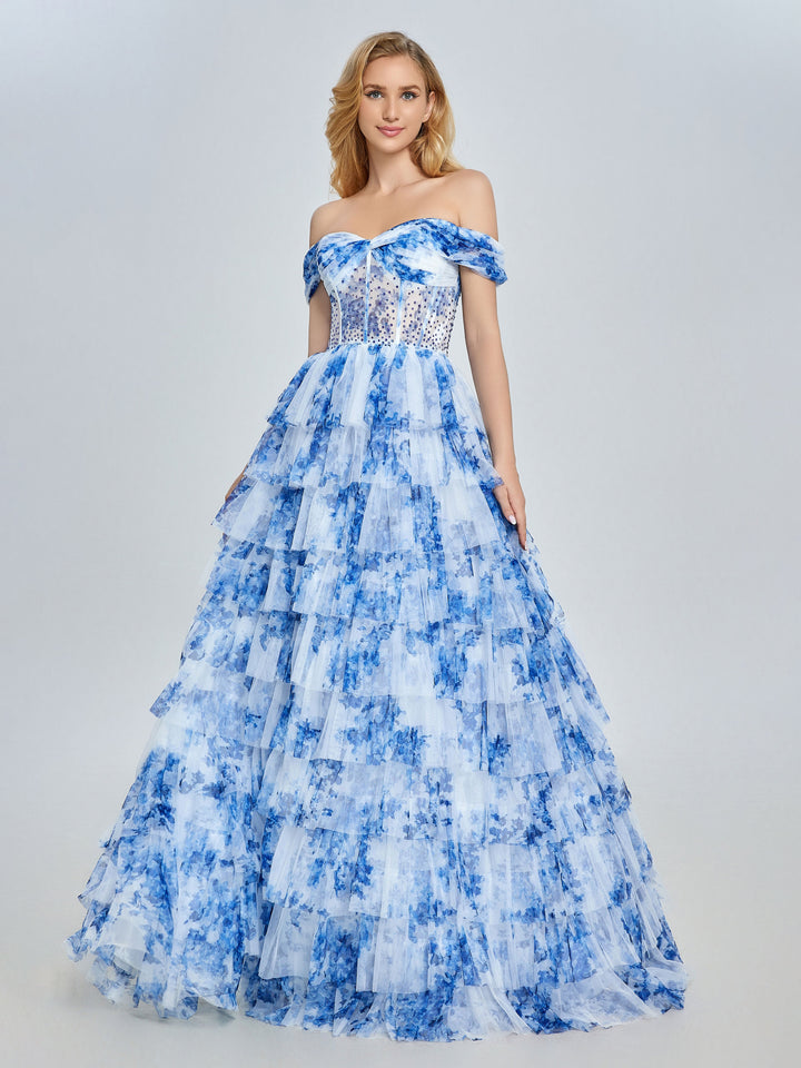 Off-Shoulder Blue Floral Tulle Gown Layered Prom Dress YE3025