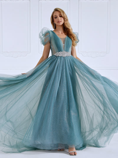 V Neck, Glitter Tulle ,Ankle Length Dress , Elegant Prom Dress