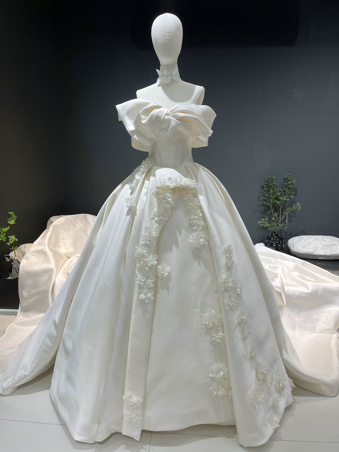 Sophisticated Satin A-line Bridal Gown Chic Off-Shoulder Wedding Dress with Petal Floral YW0838 yewendress Sophisticated Satin A-line Bridal Gown Chic Off-Shoulder Wedding Dress with Petal Floral YW0838 yewendress