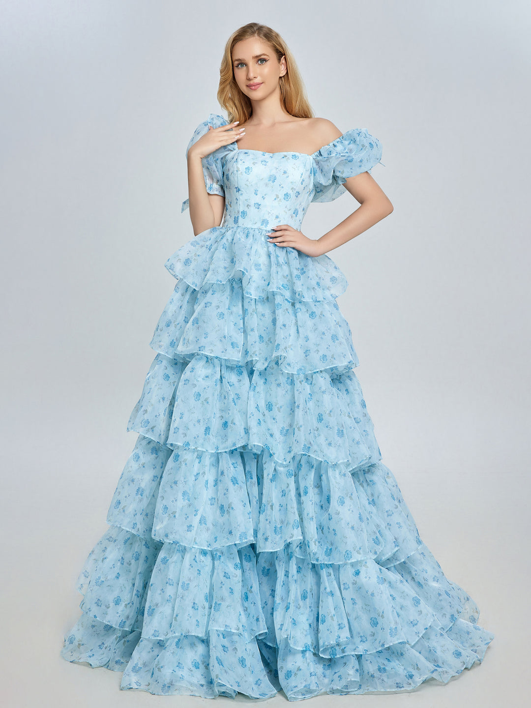 New Blue Printing Layered Ruffles Floral Prom Gown Evening Party Dress Photo Shoots Dress Outfits yewendress New Blue Printing Layered Ruffles Floral Prom Gown Evening Party Dress Photo Shoots Dress Outfits yewendress
