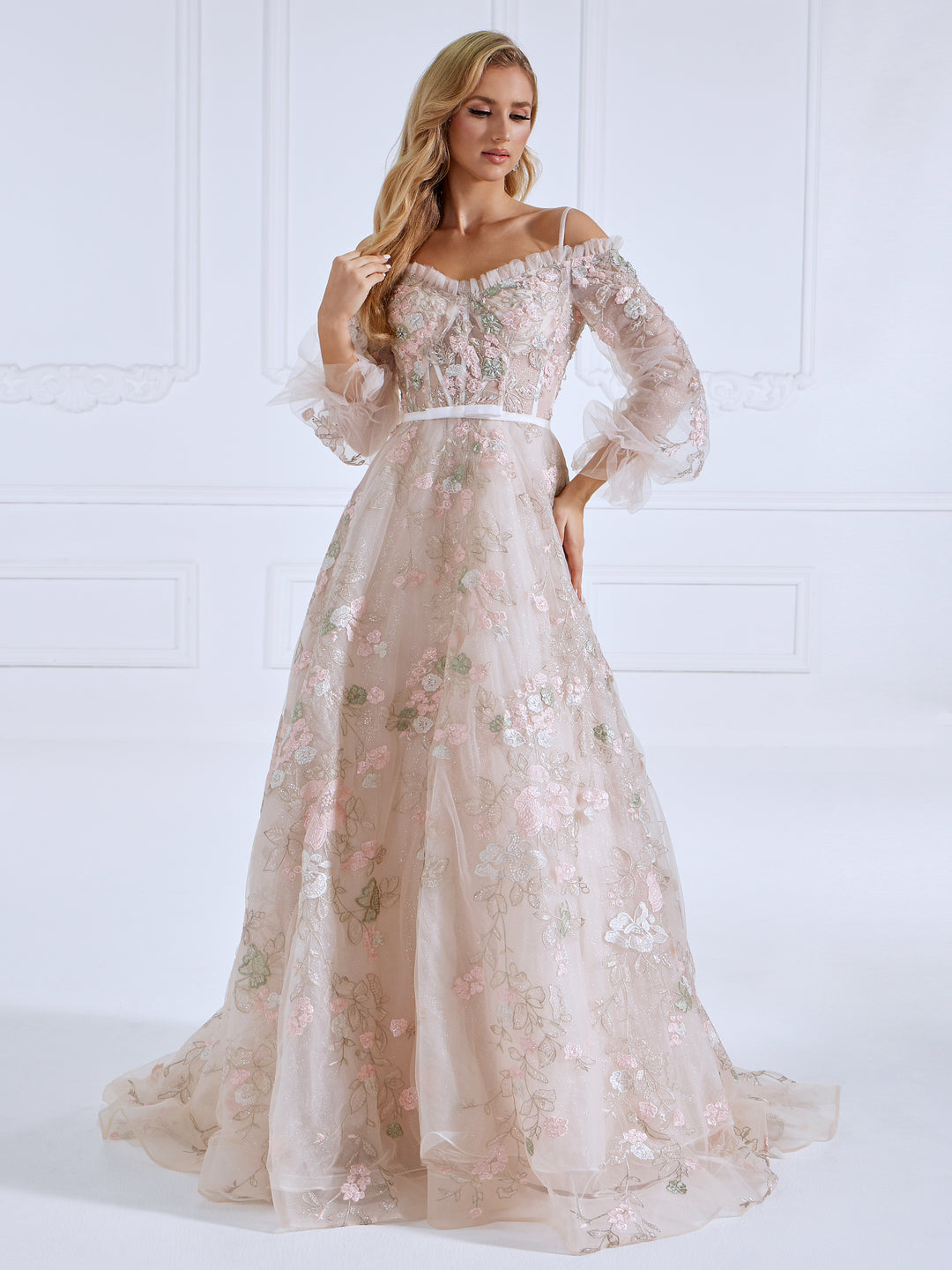 long sleeve embroidered prom dress J'Adore Dresses J24024