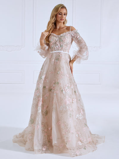 Embroidery Lace Bodice , Long Sleeves , Prom Dress