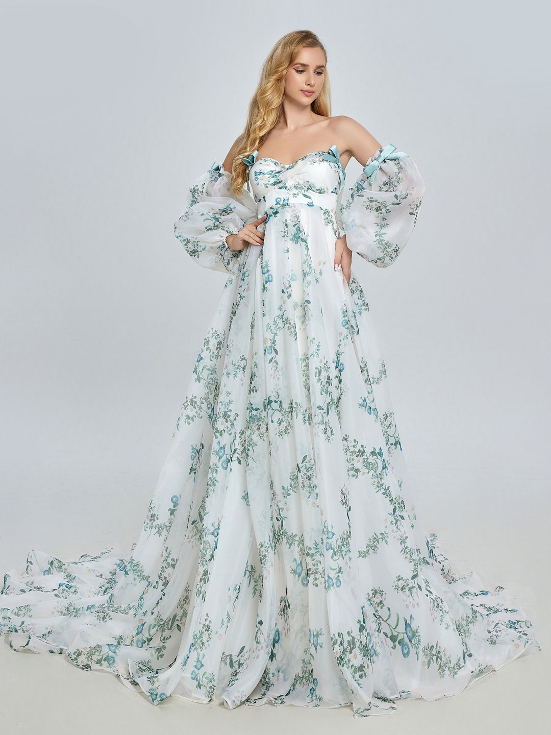 Stylish Long Sleeve Maternity Gown for Photoshoot Boho Flower Printed Colored Wedding Dress YW240075 2 / Picture Color