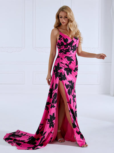 High Slit , Floral Crepe,  Hot Pink,  Prom Dress Mermaid Dress