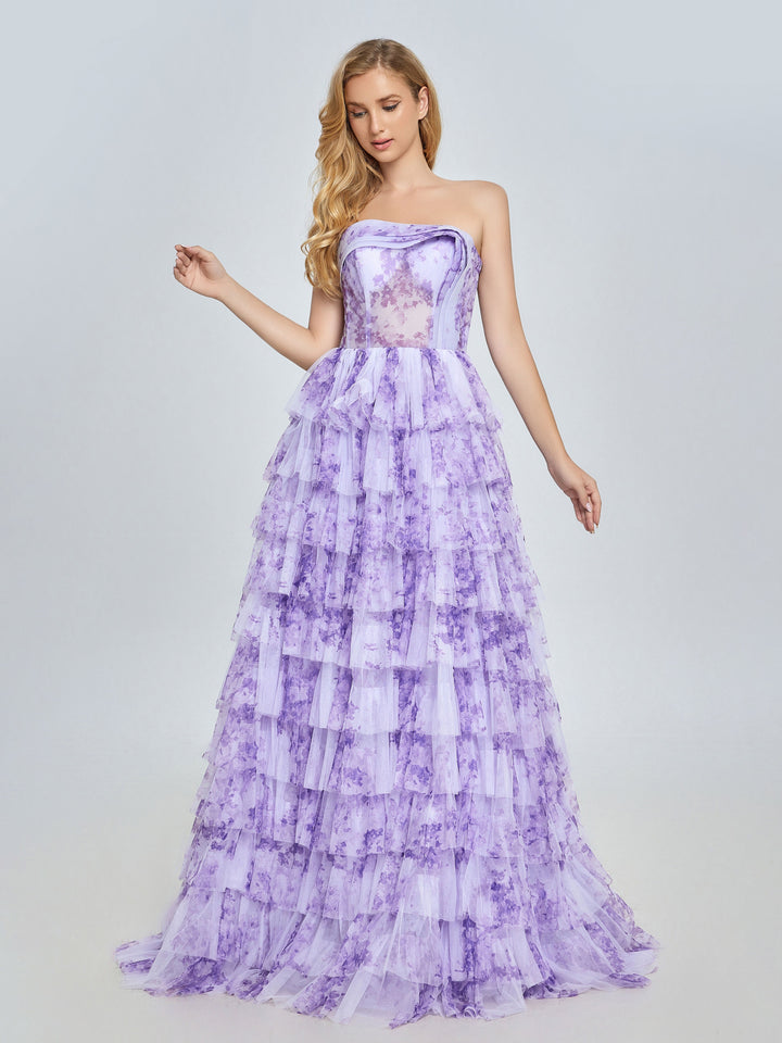 Lavender Tiered Gown Elegant Layered Printed Tulle Prom Party Dress YE3024