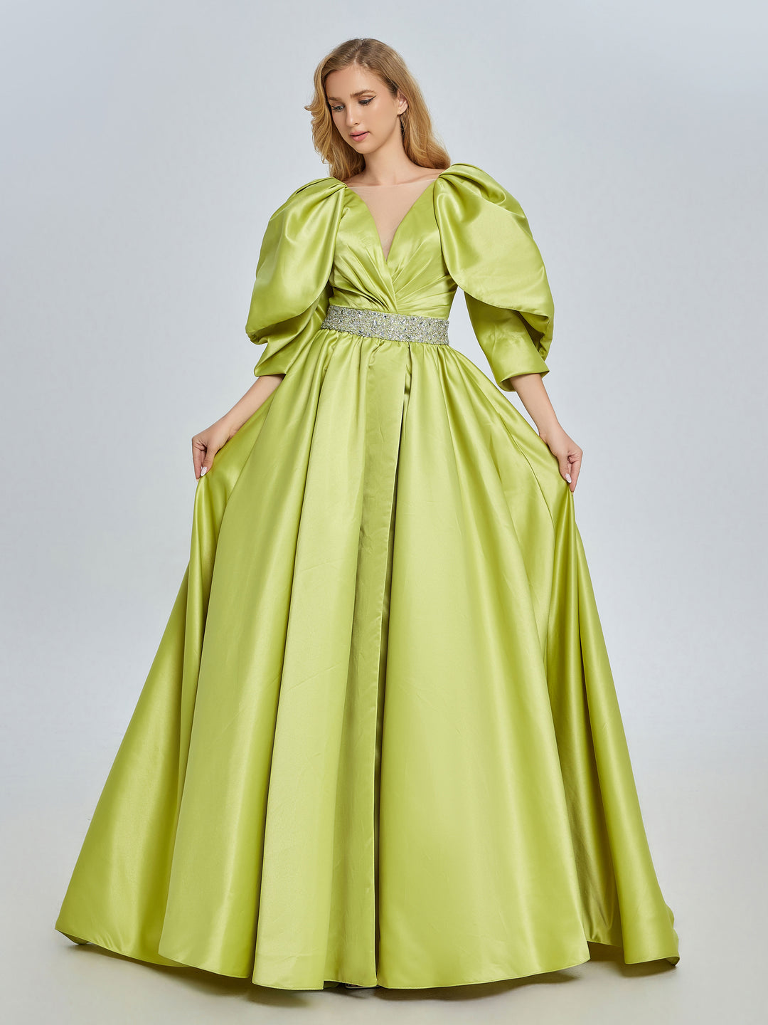 A-line V-Neck Half Sleeves Fluorescent Green Satin Prom Dresses yewendress A-line V-Neck Half Sleeves Fluorescent Green Satin Prom Dresses yewendress