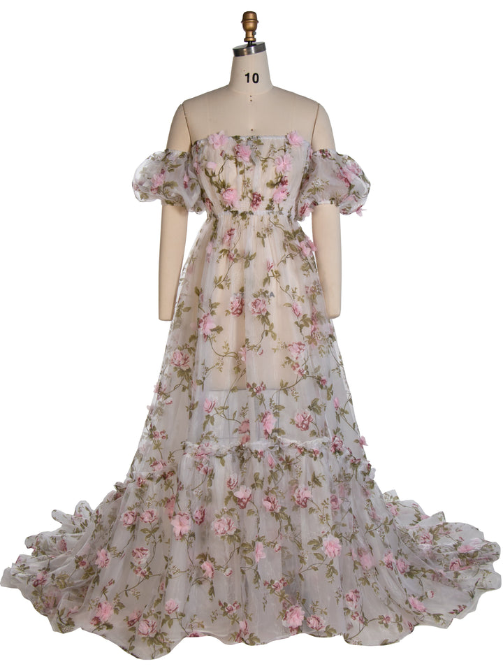 Pink Floral Rose Organza Dress Puff Short Sleeve Photography Dress Client Closet YW240046