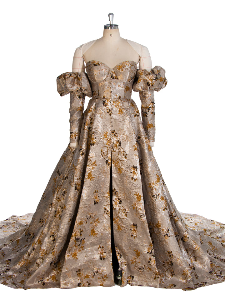 Vintage Jacquard Brocade Formal Dress Elegant Evening Gown Puffy Sleeves Photoshoot Gown YW243105