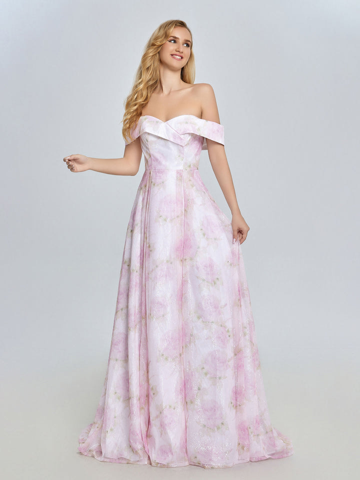 Elegant Off Shoulder Pink Printed Prom Dress YE3019