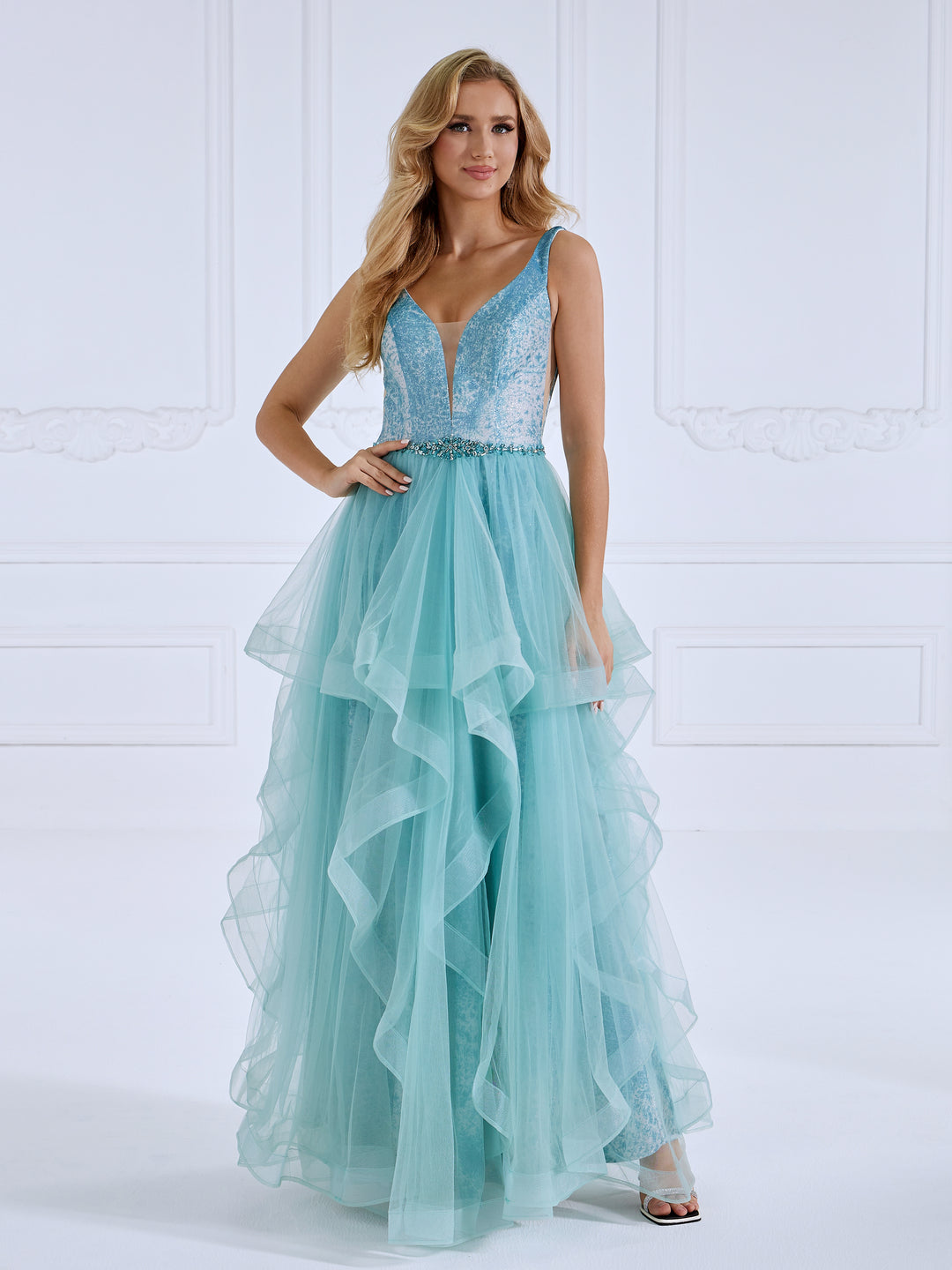 Princess A-Line V-Neck Floor-Length Tulle Prom Dresses Elegant