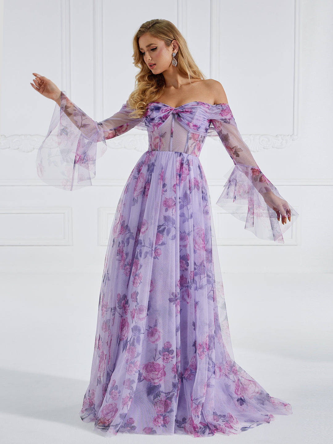 Elegant Long Flare Sleeve A Line Prom Dresses Printing Tulle Photo Shoot Gown #18407 Elegant Long Flare Sleeve A Line Prom Dresses Printing Tulle Photo Shoot Gown #18407
