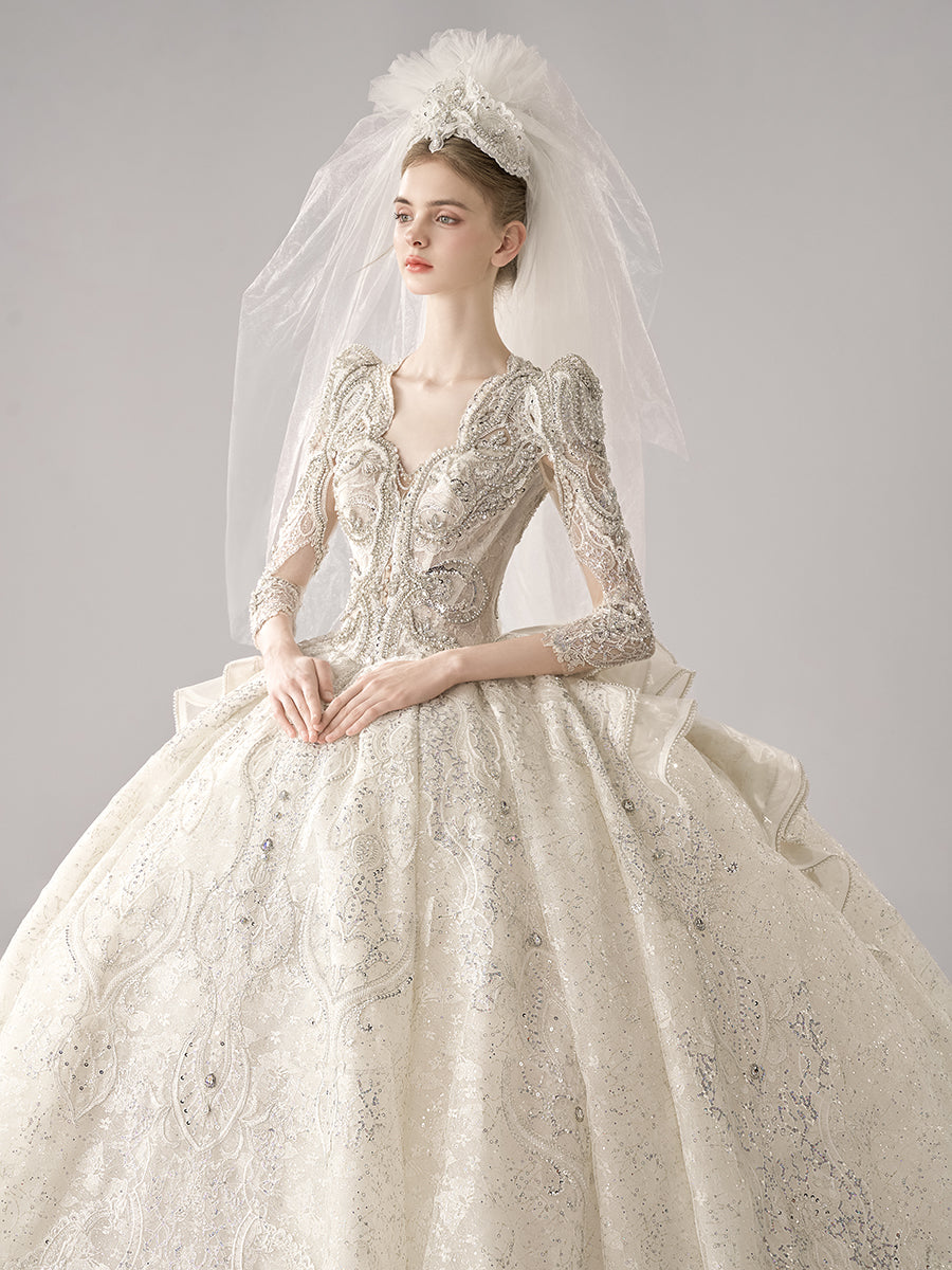 Luxury Long Sleeve French Court Wedding Dress Crystals Embroidered Wedding Gown Custom Wedding Dress YW0852 Luxury Long Sleeve French Court Wedding Dress Crystals Embroidered Wedding Gown Custom Wedding Dress YW0852