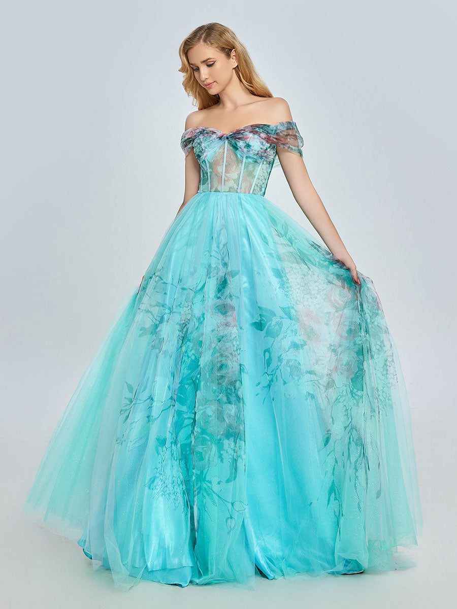 Elegant Aqua Floral Printed Off-Shoulder Prom Dress YE3022 yewendress Elegant Aqua Floral Printed Off-Shoulder Prom Dress YE3022 yewendress