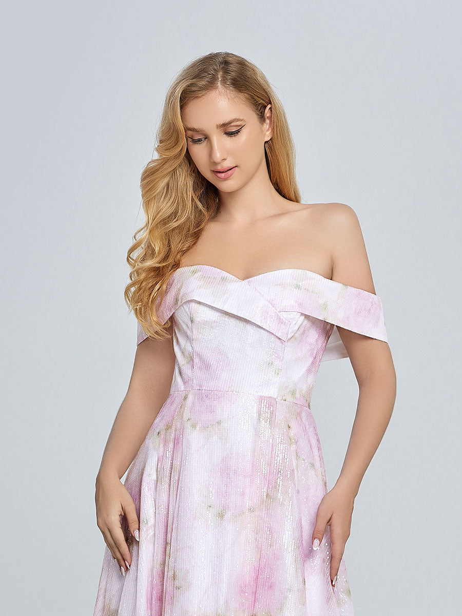 Elegant Off Shoulder Pink Printed Prom Dress YE3019