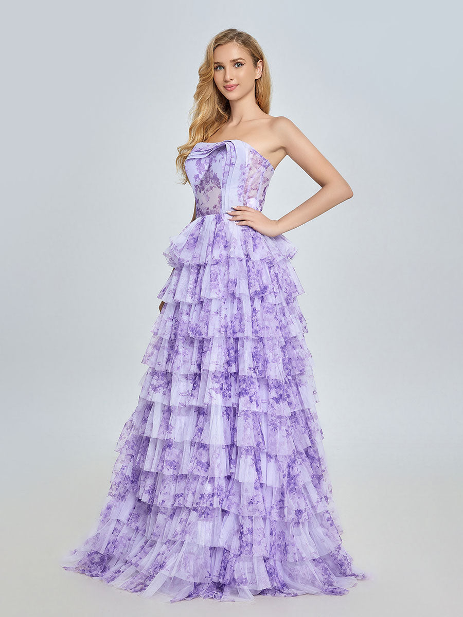 Lavender Tiered Gown Elegant Layered Printed Tulle Prom Party Dress YE3024