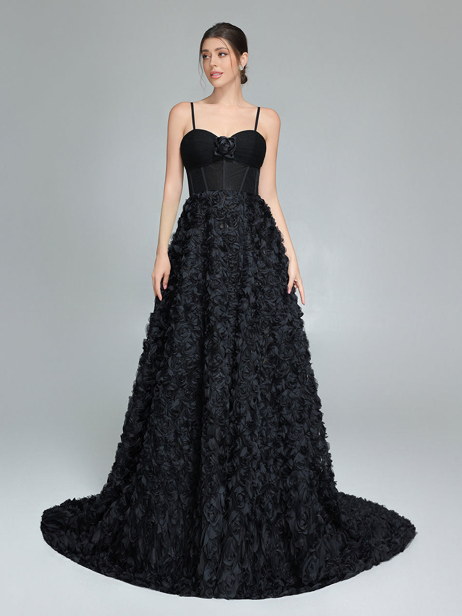 Black A-line Gown with Corset Bodice Mesh Rose Evening Formal Gown