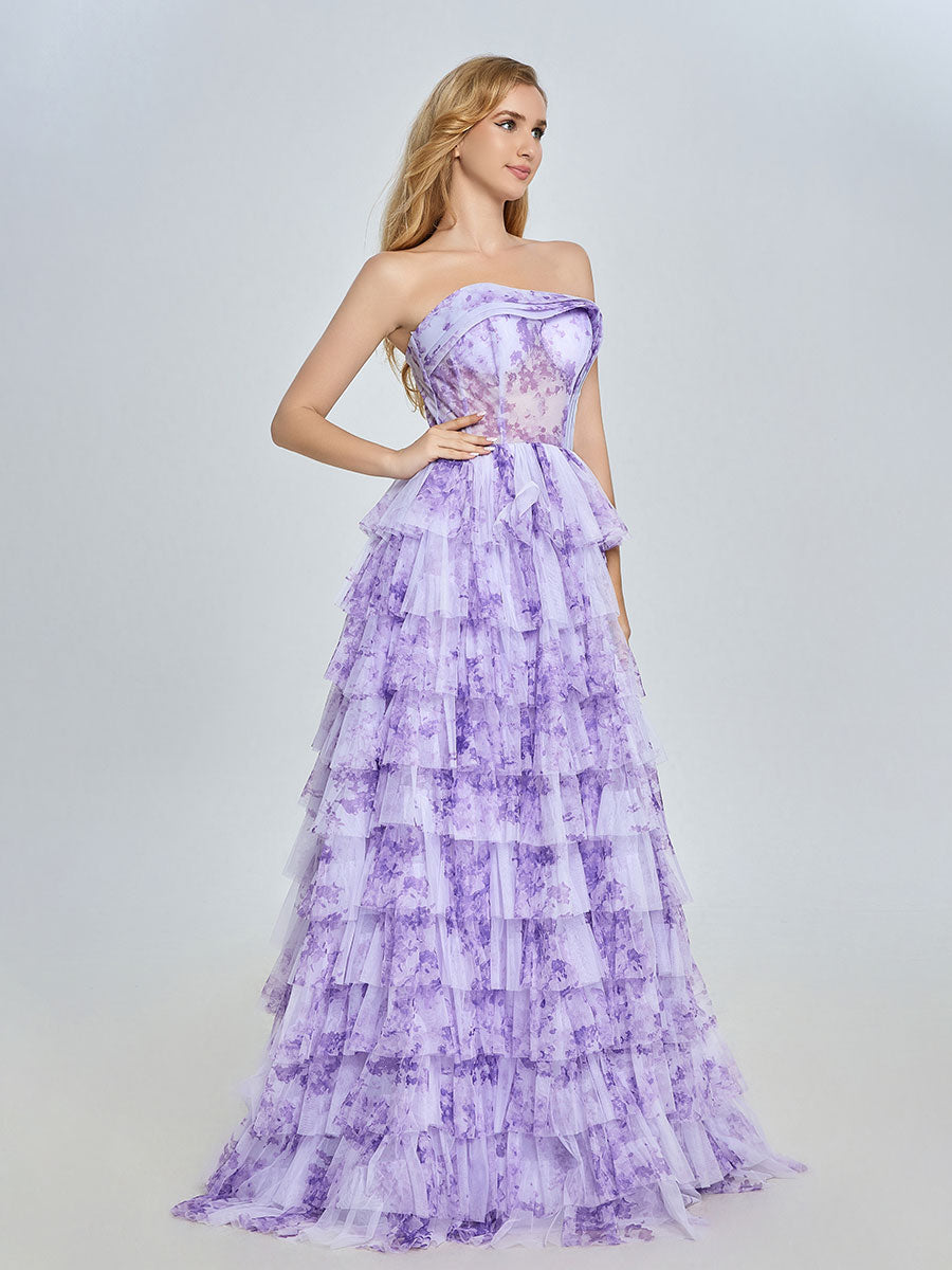 Lavender Tiered Gown Elegant Layered Printed Tulle Prom Party Dress YE3024