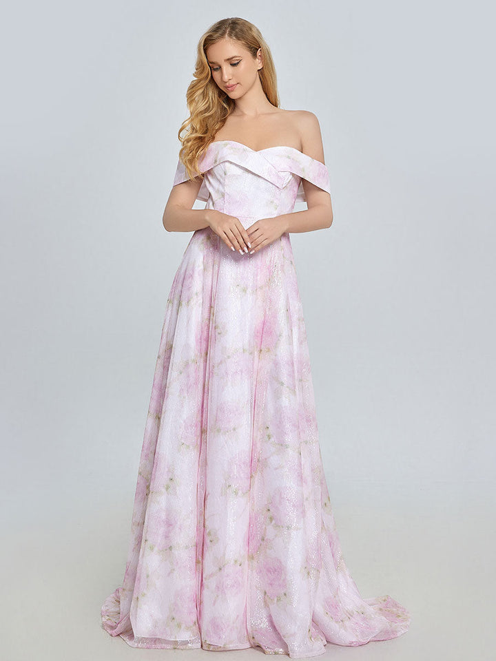 Elegant Off Shoulder Pink Printed Prom Dress YE3019
