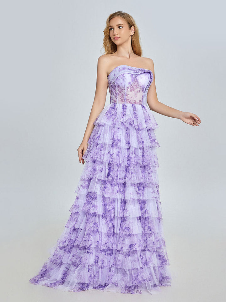 Lavender Tiered Gown Elegant Layered Printed Tulle Prom Party Dress YE3024