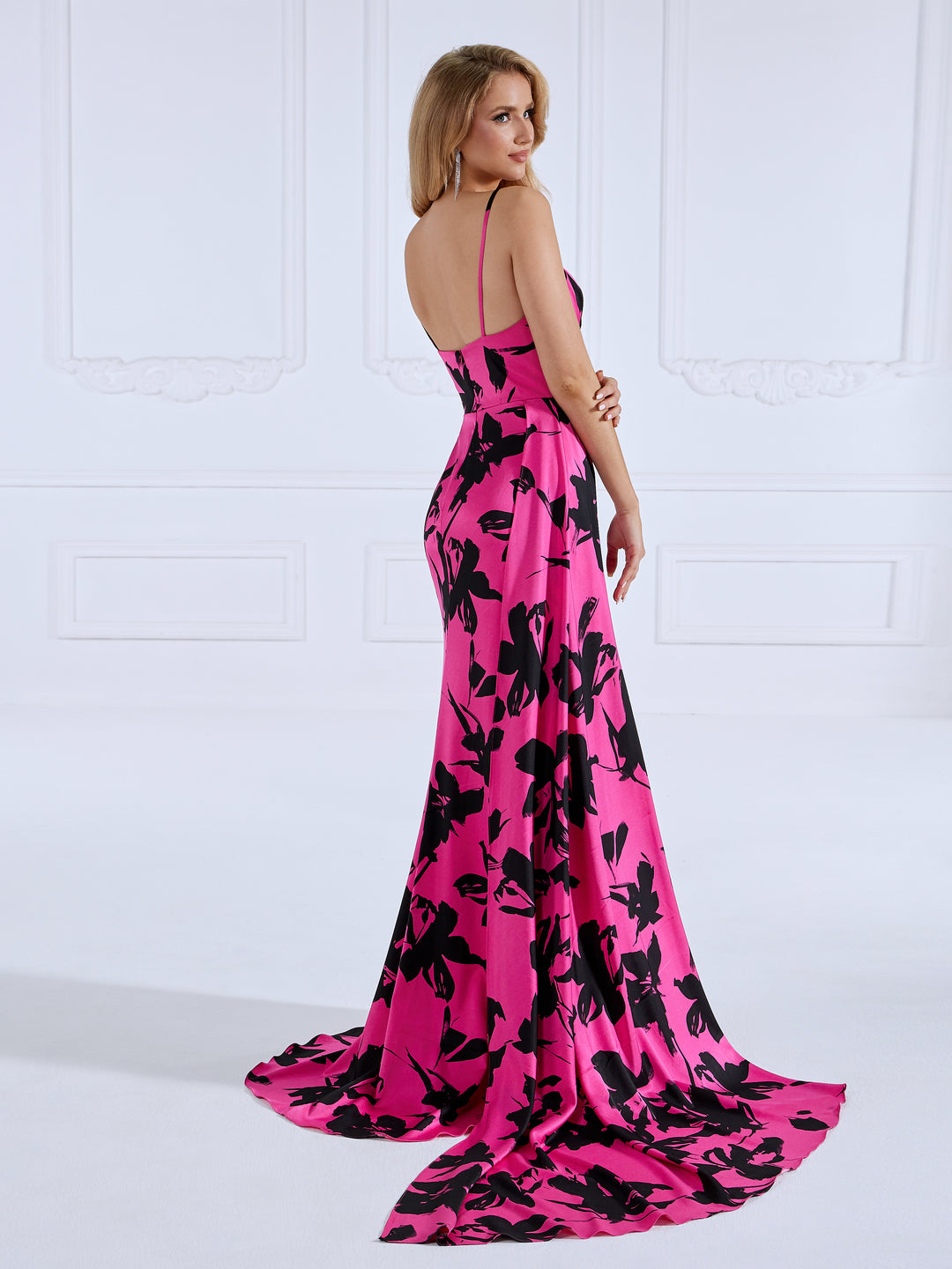 Hot Pink Floral Crepe Mermaid Dress | High Slit Prom Dress yewendress Hot Pink Floral Crepe Mermaid Dress | High Slit Prom Dress yewendress
