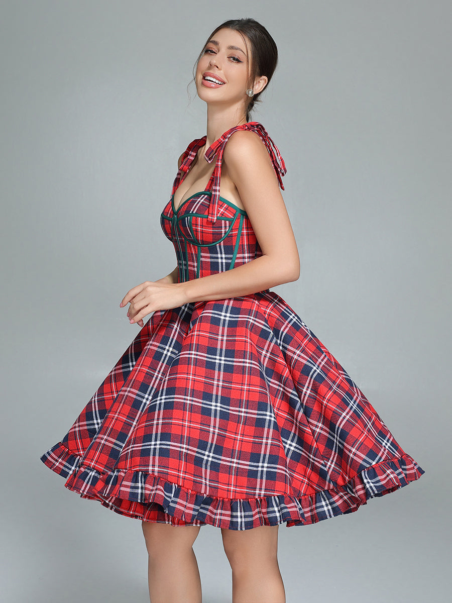 Vintage Christmas Plaid Dress A-Line Knee Length Party Tartan Dresses YW243106