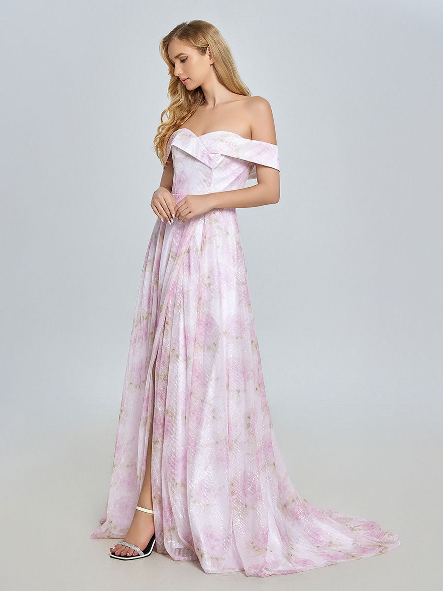 Elegant Off Shoulder Pink Printed Prom Dress YE3019