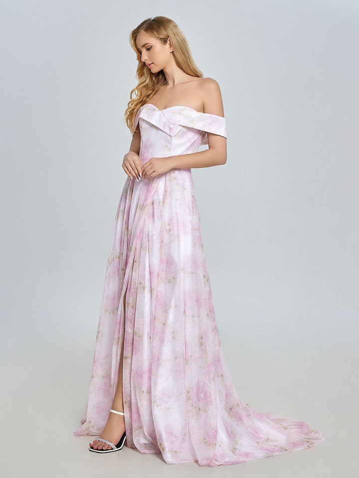 Elegant Off Shoulder Pink Printed Prom Dress YE3019