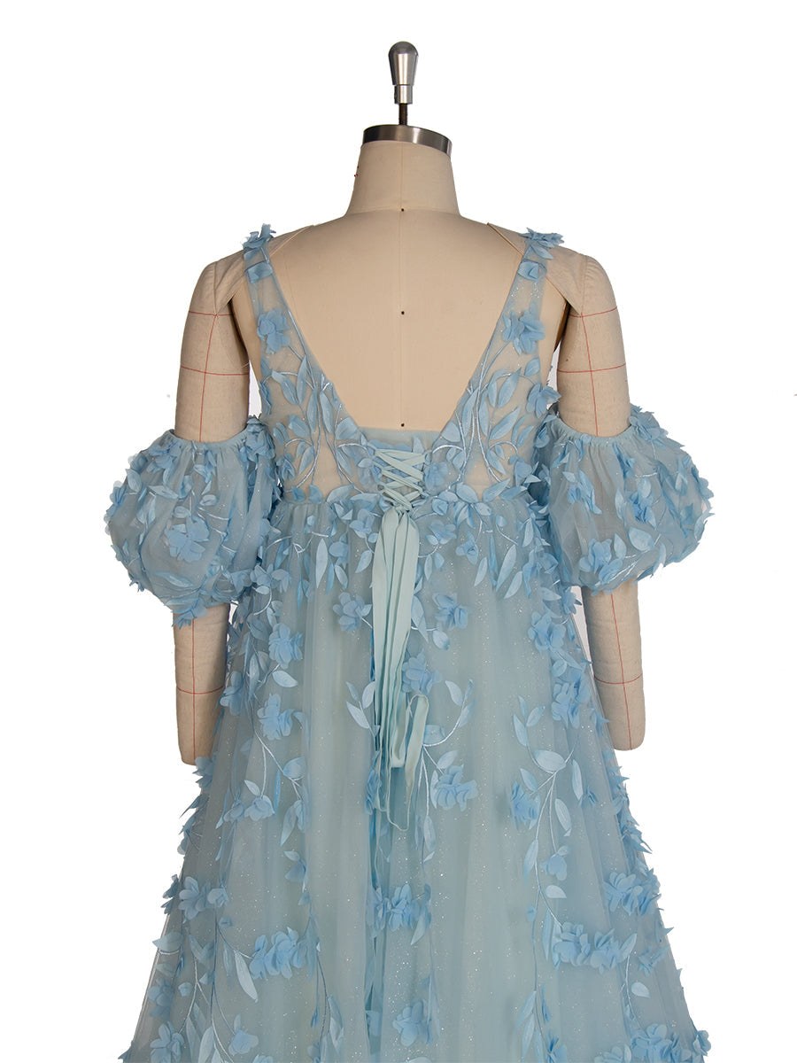 Elegant Glitter Mesh with Appliques Floral Maternity Dress for Baby Shower Blue Maternity Gown YW243138 yewendress Elegant Glitter Mesh with Appliques Floral Maternity Dress for Baby Shower Blue Maternity Gown YW243138 yewendress