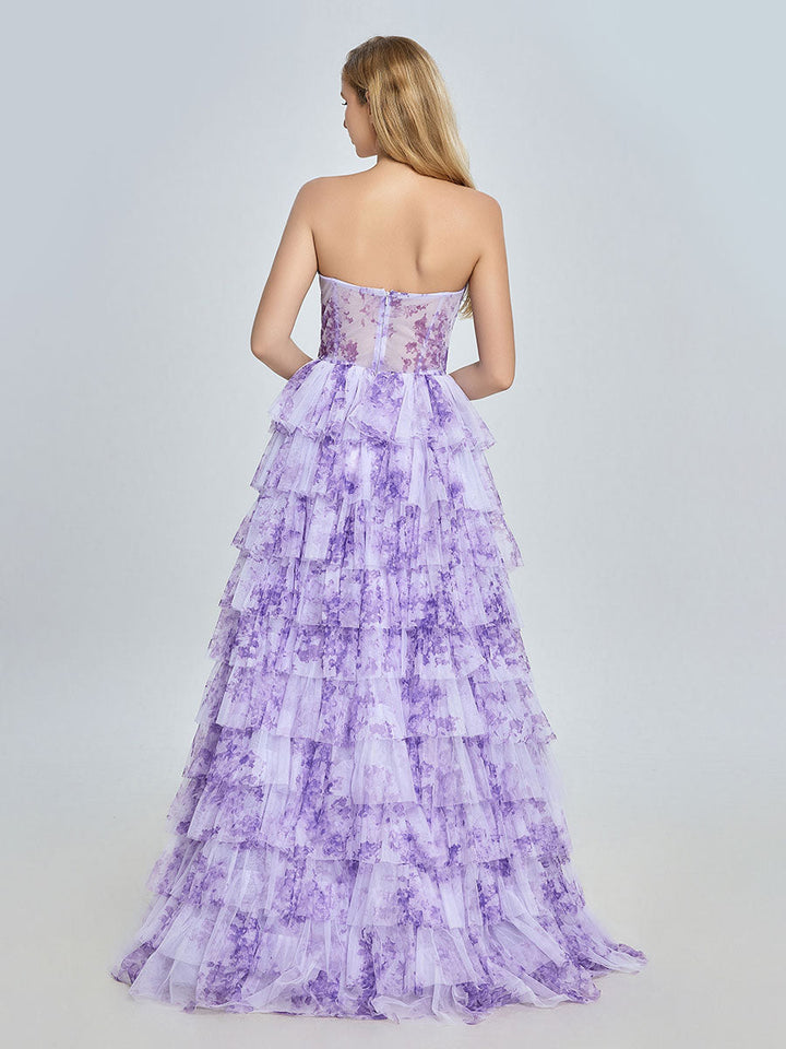 Lavender Tiered Gown Elegant Layered Printed Tulle Prom Party Dress YE3024